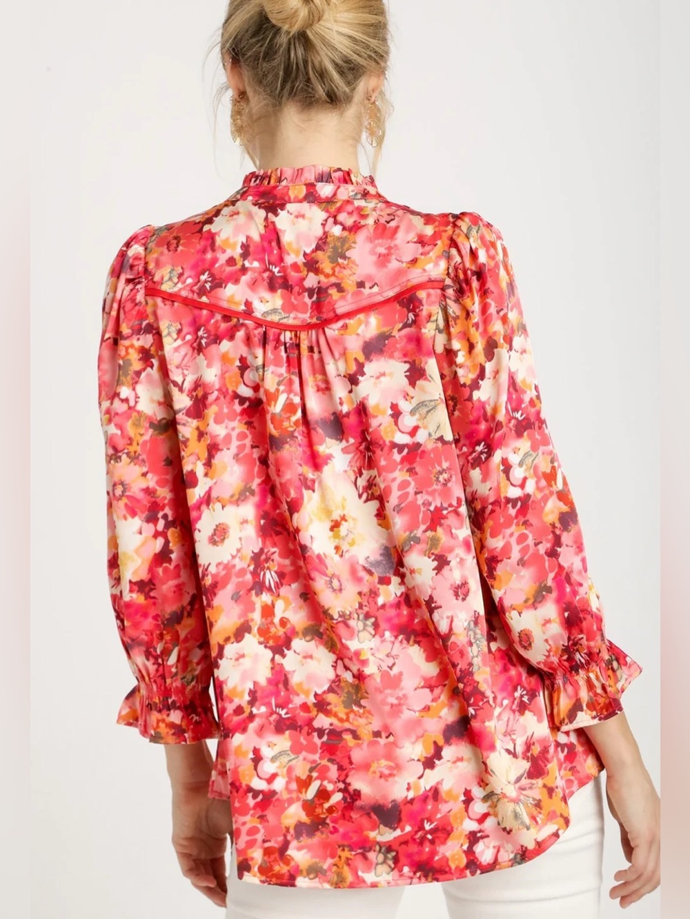 Umgee Floral Button-Front Long Sleeve Blouse Size L NWT Pink Red Multi - Picture 4 of 8